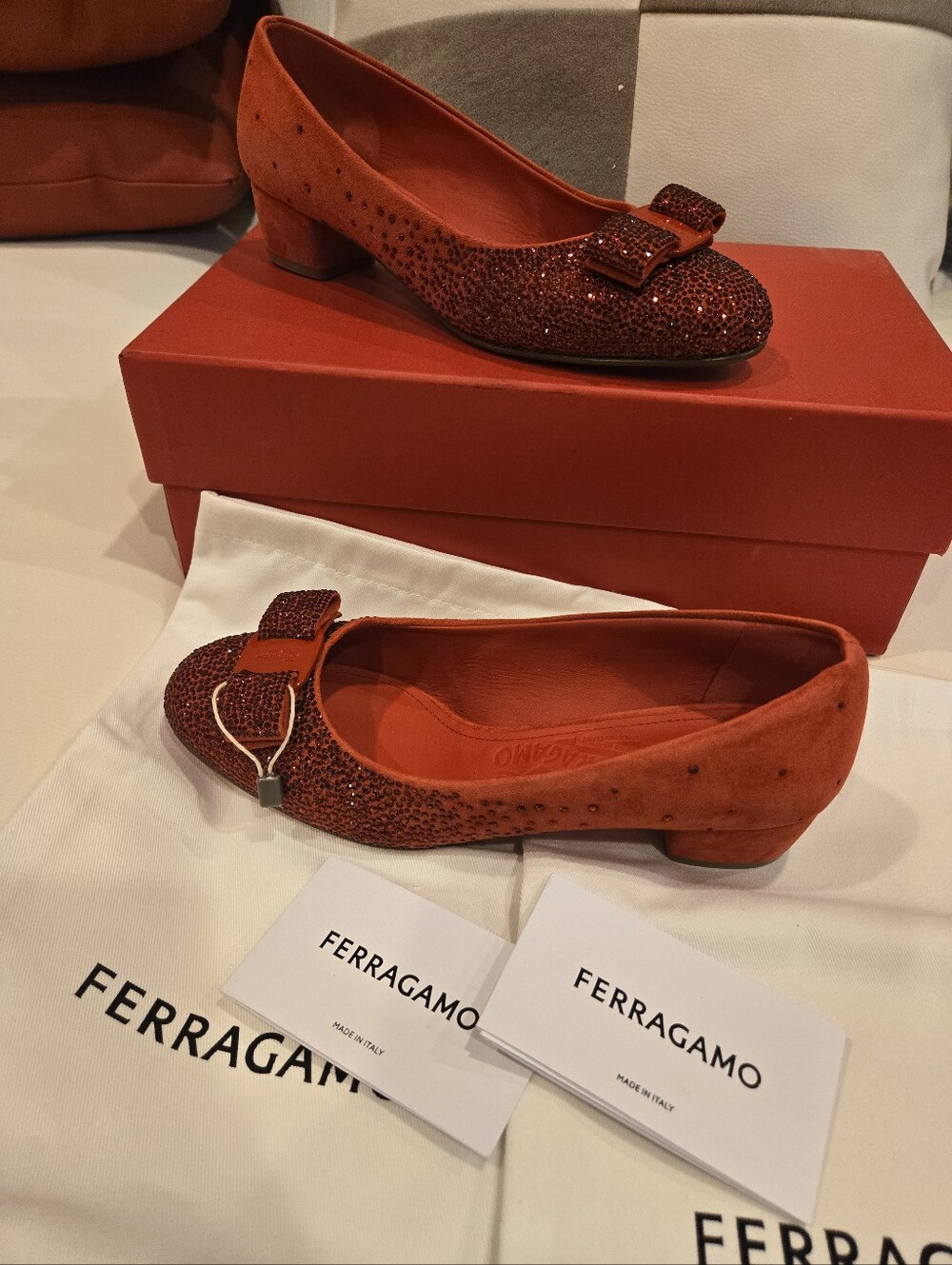 Salvatore Ferragamo Crystal-Embellished Suede Red Pumps Size 6 NWB - Picture 3 of 16